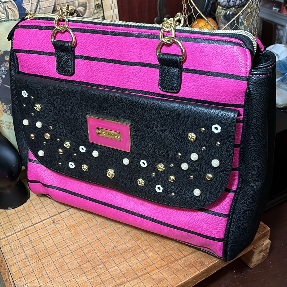 Betsey Johnson Studs and Flowers Black Hot Pink Striped Bag 11.5”Wx10”Hx5.75”D - Picture 13 of 17